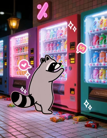 Raccoon in Neon Vending Machine — Stable Diffusion AI Prompt: A raccoon with a simple black line-art face rummages through a glowing vending m...