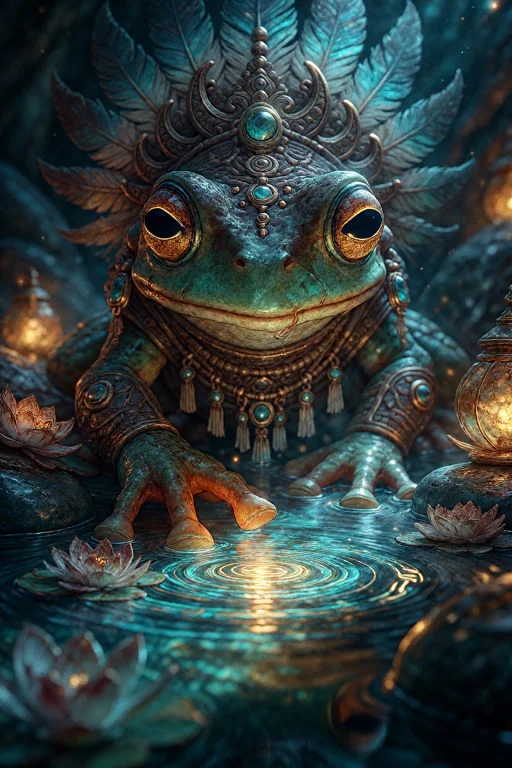 A Small Emerald Frog Oracle Stands Ankle-deep In A Sacred Su...