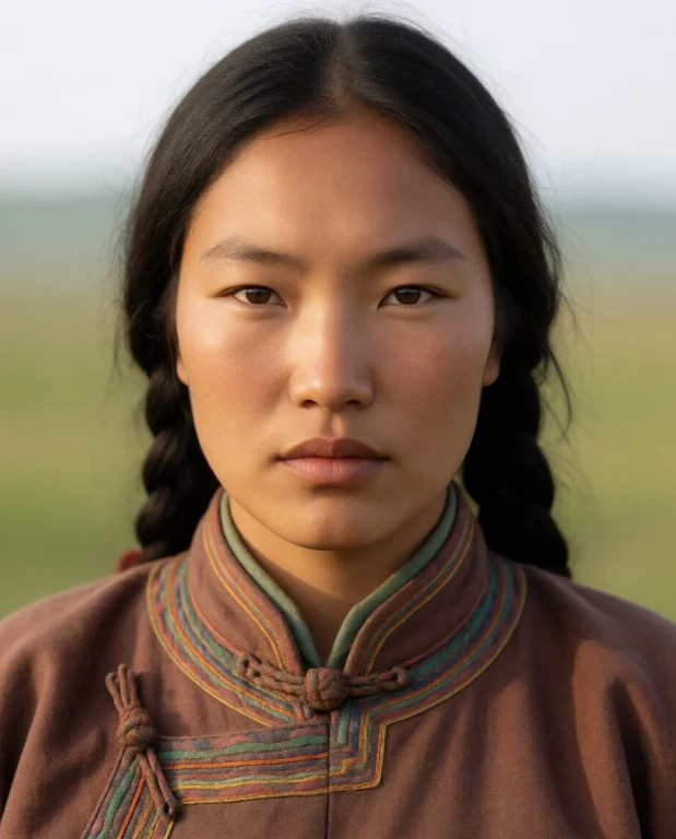 , Young Mongolia Woman, Dark Hair, Mongolian, Brown Eyes As...