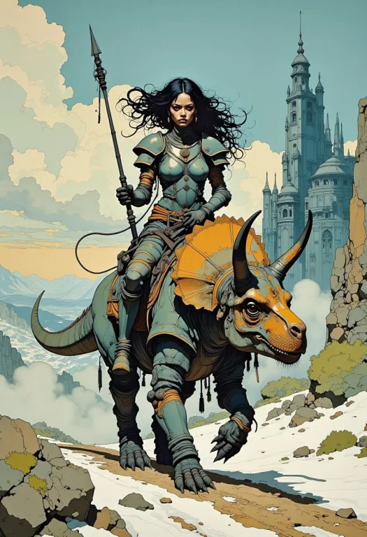 A Woman In Armour, Riding A War Triceratops, African Tribal...