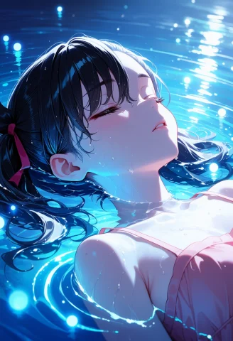 Cinematic Marnie Floating Water — Stable Diffusion AI Prompt: masterpiece, best quality, score_7, safe, highres, newest, 1girl, solo, Marnie,...