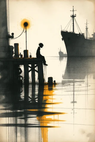 Strangedaal. Subject A Lonely Figure Silhouette Sitting On A... — Stable Diffusion AI Prompt: StrangeDaal. SUBJECT: A lonely figure silhouette sitting on a weathered wooden p...