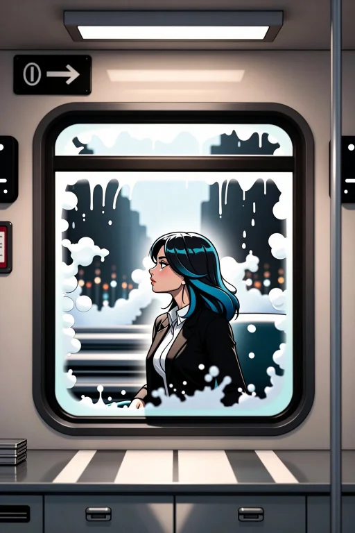 Mid-frame, A Woman Seated In A Rain-soaked Train Car, Window...