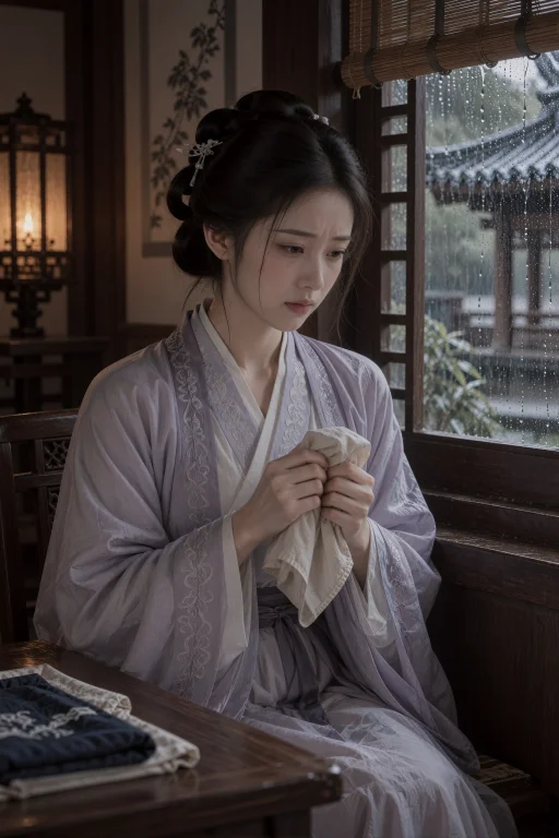 阴雨天的木窗边，一名年轻中国女子坐在室内，身体略向前缩，双肩...
