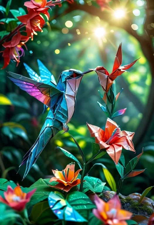Cinematic Shot Of Beautiful Origami Hummingbird Feeding On E...