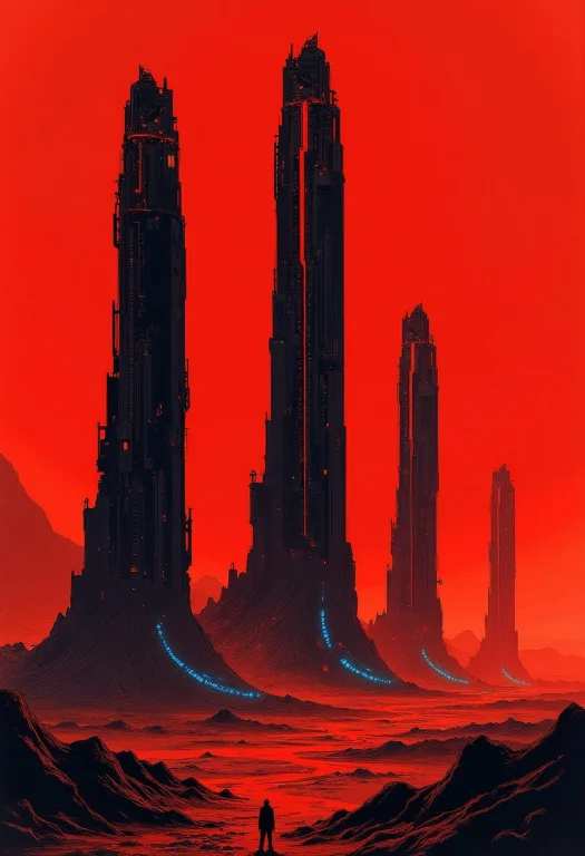 Inksketch In Red And Black Of Towering, Enigmatic Structures...