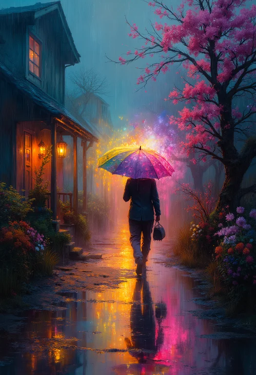 A Beautiful Rainy Country Village, A Villager Walking Into T...