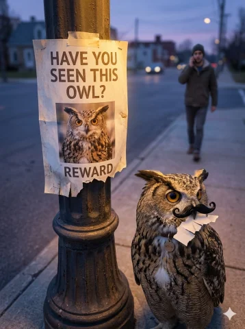 On The First And Second Image You Can See Hooh - A Large Pet... — Stable Diffusion AI Prompt: On the first and second image you can see Hooh - a large pet great horned owl. I...