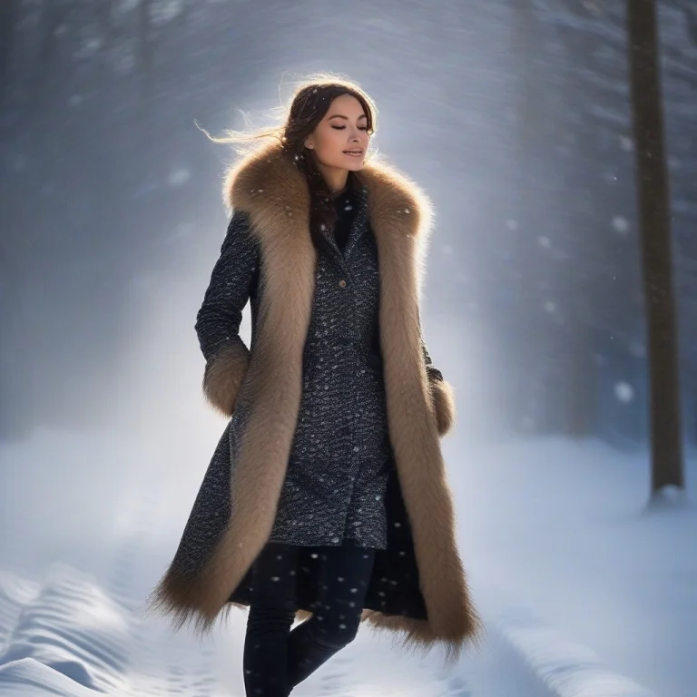 A Fur-trimmed Coat In Falling Winter Snow, Volumetric God Ra...