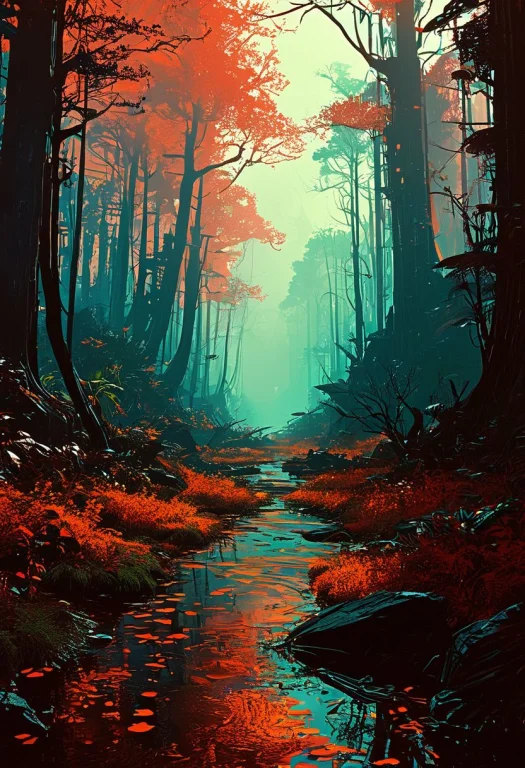 An Otherworldly Forest With Trees Made Of Light And Shadows,...