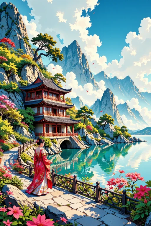 Luxury Residence Beautiful Landscape, Cloudy Sky, Woman, Ver...