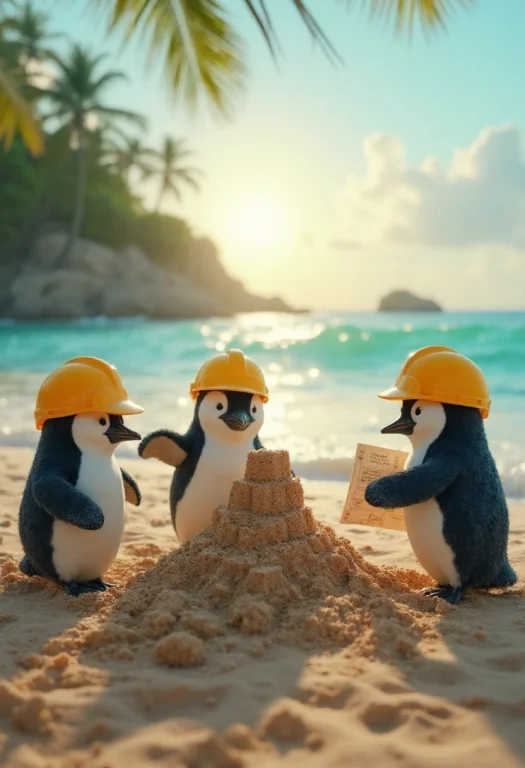 Three Penguins In Yellow Construction Helmets, Building A Sa...