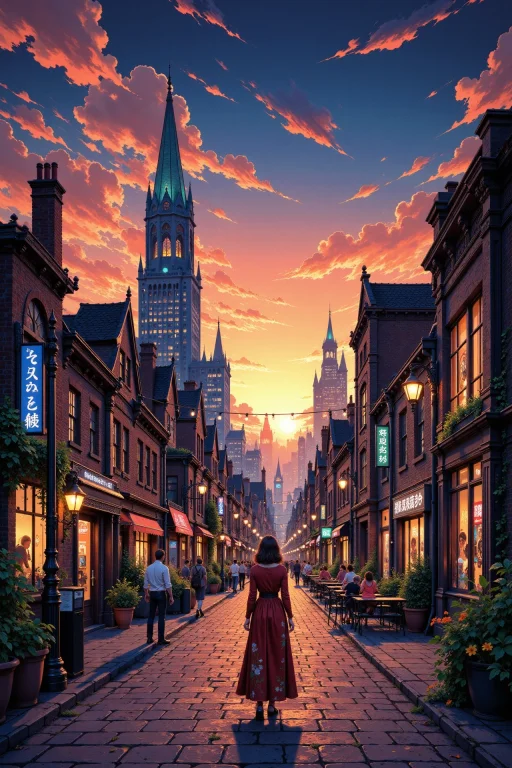 A Retro Vintage City Beautiful Anime Landscape, Evening, Wom...
