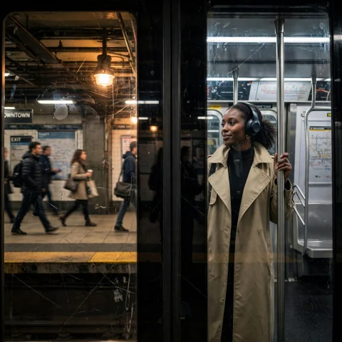 A High-contrast Street Photograph Shot Through The Glass Doo... — Stable Diffusion AI Prompt: A high-contrast street photograph shot through the glass doors of an underground...