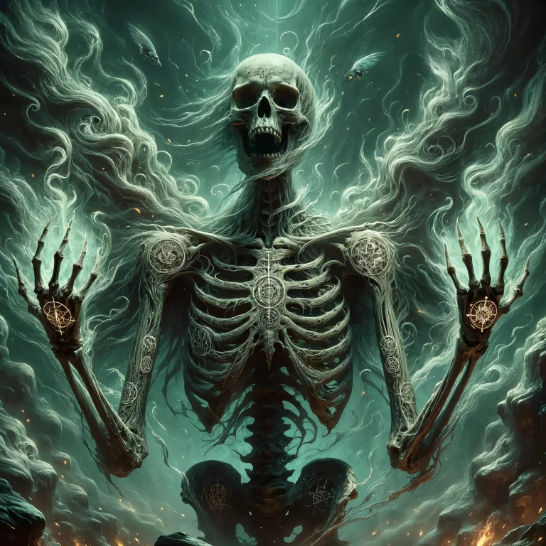 A Towering Arcane Skeleton Wreathed In Glowing Ethereal Ener...