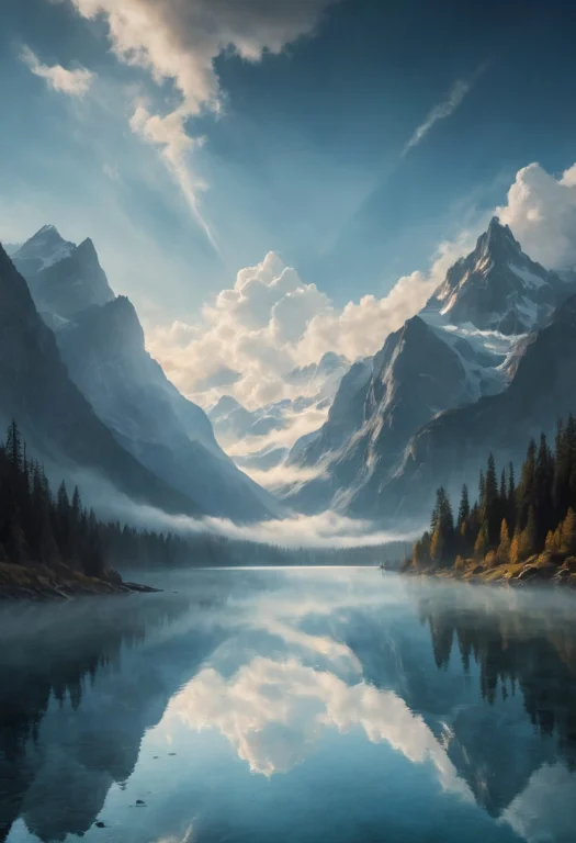 A Serene Landscape Of A Sparkling Lake, Gentle Clouds Drifti...