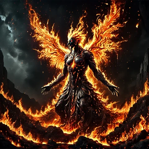 Score9, Score8up, Score7up, Sourceanime, Flame Style, A Mass... — SDXL AI Prompt: score_9, score_8_up, score_7_up, source_anime, flame style, a massive ferocious...