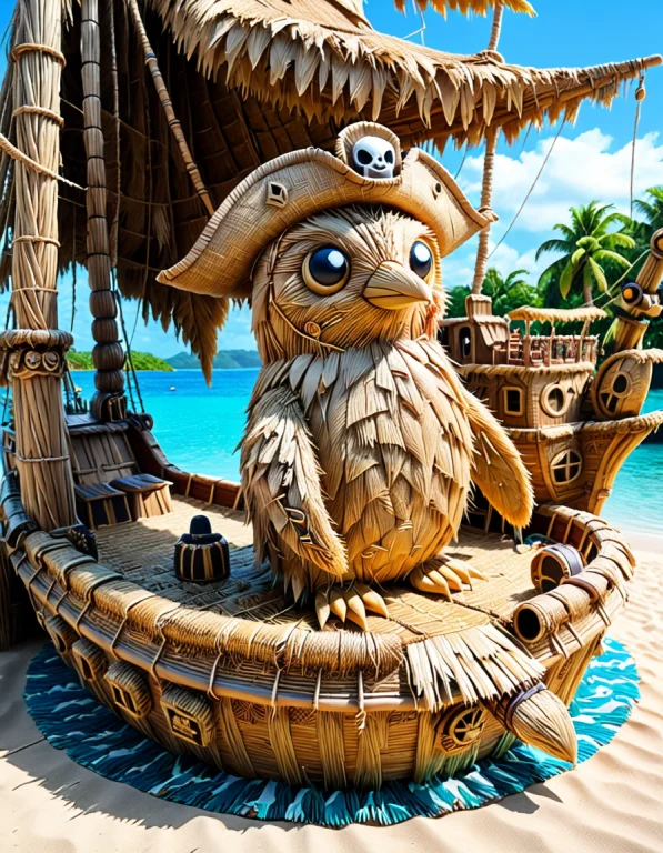 A Penguin Wearing A Pirate Hat On A Pirate Ship In A Tropica...