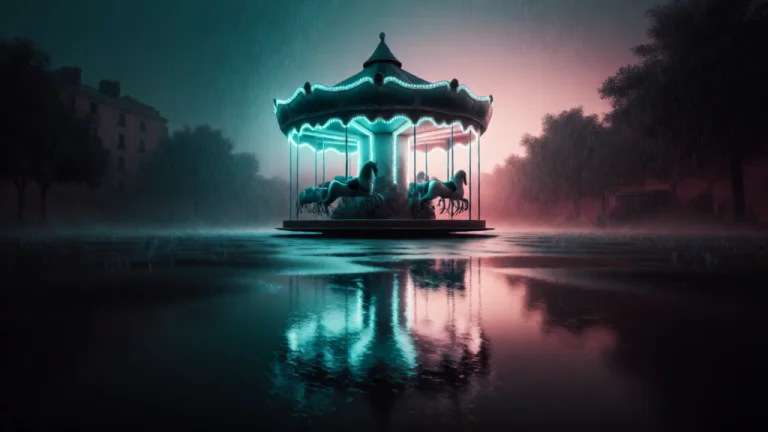 An Empty Carousel In A Rain-soaked Square With A Few Bulbs S...