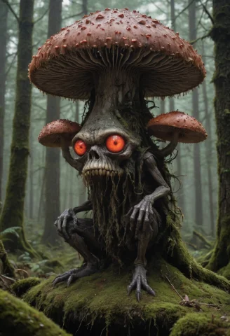 A Mushroom With Red Eyes Sits On A Moss Covered Stump In The... — SDXL AI Prompt: a mushroom with red eyes sits on a moss covered stump in the forest, wearing a m...