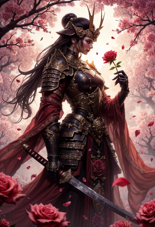 A Female Ronin In Ornate Samurai Armor Stands Amidst A Field...