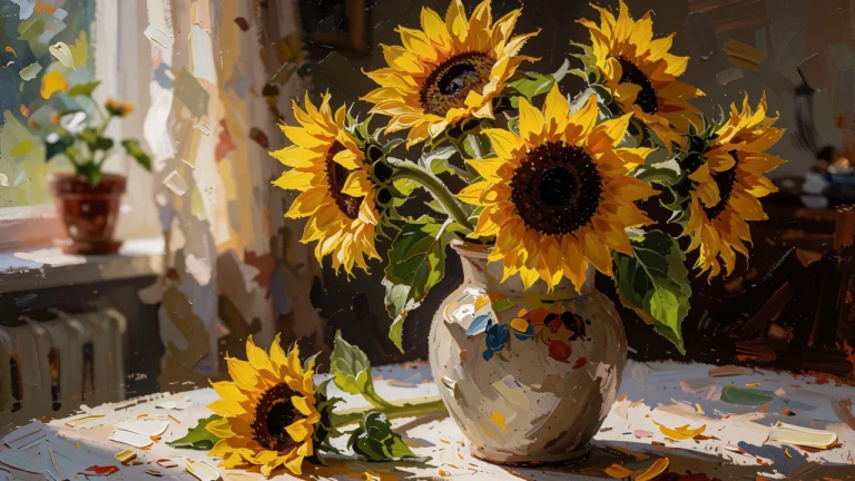 A Ceramic Vase Filled With Bright Yellow Sunflowers On A Tab...