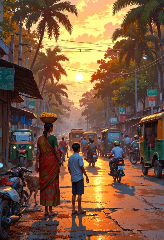 A Bustling Kerala Junction At Sunset, With Rickshaws, Motorb...