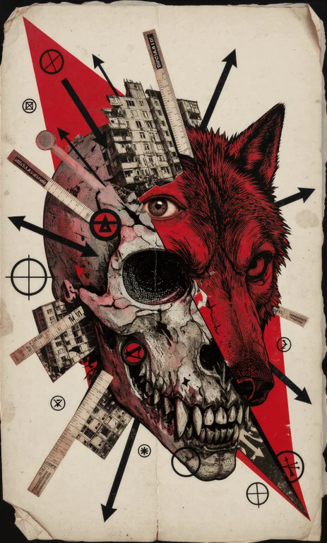 A Wolf Skull Fractured Into A Violent Russian Constructivist...