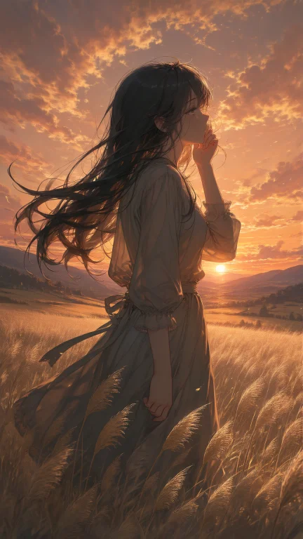 1girl, Solo, Sunset, Golden Hour, Orange Sky, Silhouette, Ba...