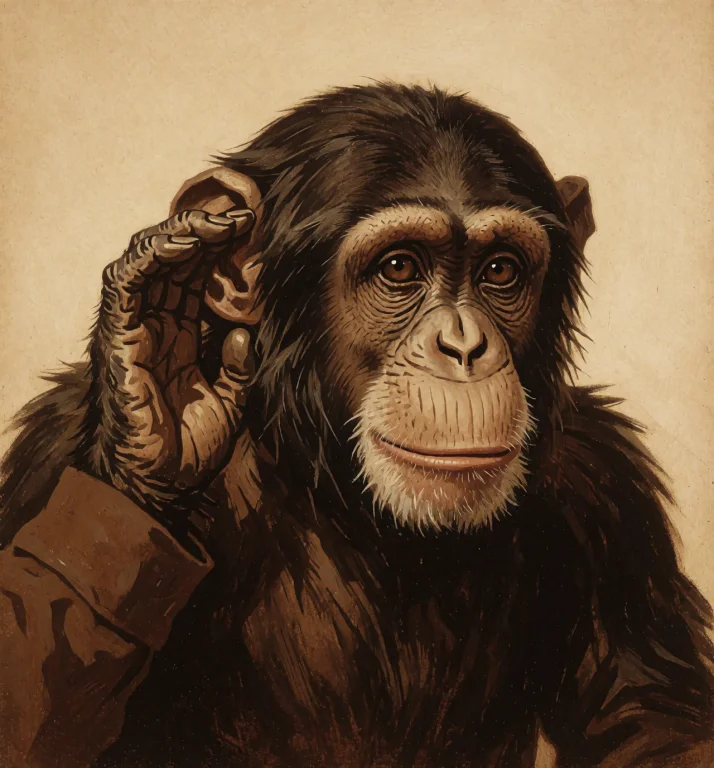 Painting Of A Contemplative Chimpanzee Rendered In Warm Sepi...
