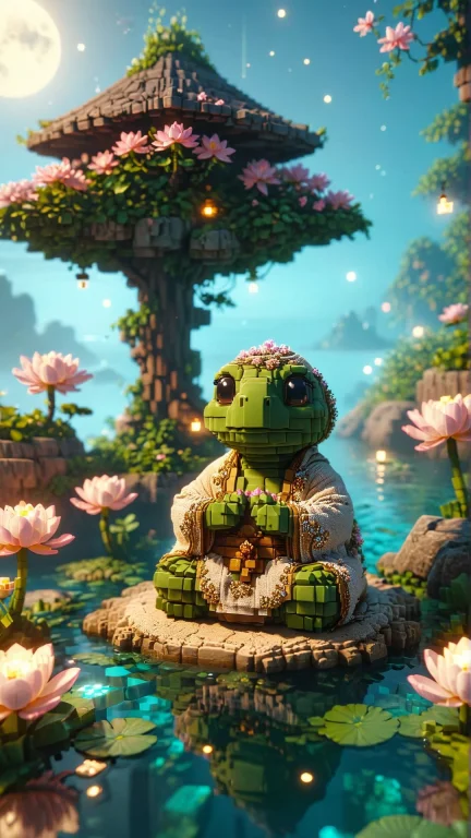 Mystical, A Wise Old Turtle Monk Meditating On A Floating Is...