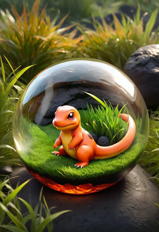 Charmander Sleeping In A Patch Of Grass Within A Glass Pok B...