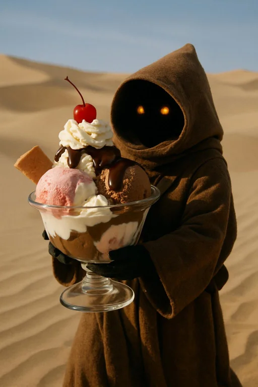 A Film Still Of A Star Wars Jawa Carrying A Huge Ice Cream S...