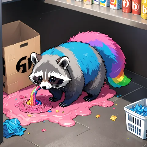A Fluffy Blue And Pink Raccoon With Rainbow-colored Tail1.4... — SDXL AI Prompt: a fluffy blue and pink raccoon with (rainbow-colored tail:1.4) digging through t...