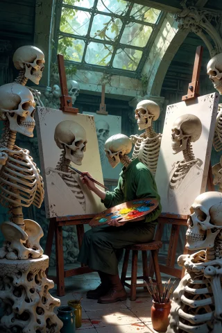 , Boneswm, A Renaissance Art Studio With Easels Of Femur Sta... — Stable Diffusion AI Prompt: , boneswm, a renaissance art studio with easels of femur stands and canvases of...