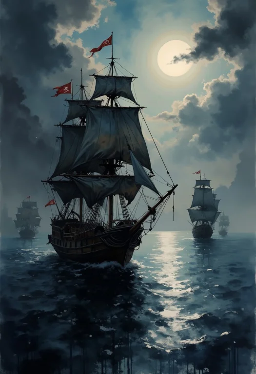 A Dinkfsn Style Ink Wash Painting, Pirate Galleons On The Op...