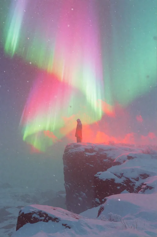 A Veil Of Northern Lights Dancing Over A Lone Figure Atop A...