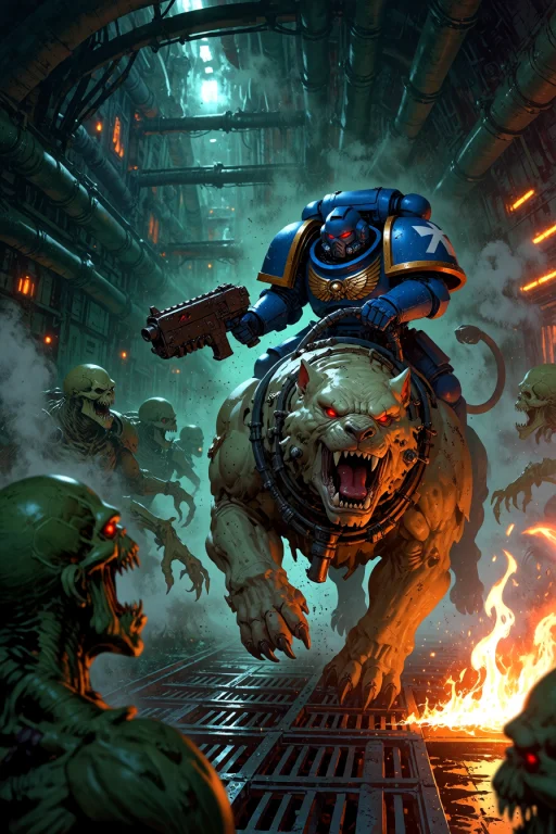 , Space Marine Riding A Cyber-mastiff Through An Underhive T...