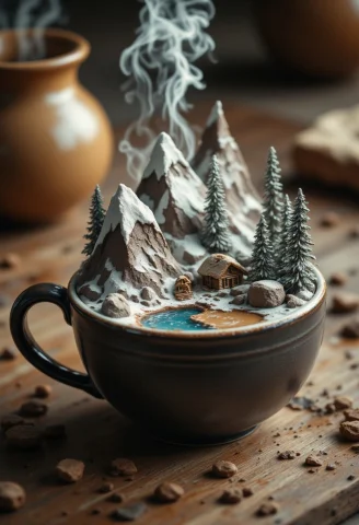 A Steaming Coffee Mug With A Miniature Mountain Range Inside... — FLUX AI Prompt: A steaming coffee mug with a miniature mountain range inside, featuring snow-cap...