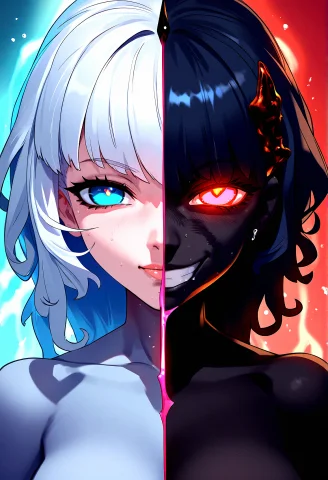 Symmetrical Dual Nature Character, A Female Character With O... — FLUX AI Prompt: Symmetrical dual nature character, A female character with one half angelic with...