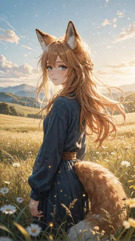 Soft, Atmospheric, Anime Style, Illustration, Fox-eared Girl... — Stable Diffusion AI Prompt: soft, atmospheric, anime style, illustration, fox-eared girl, standing, vast gol...