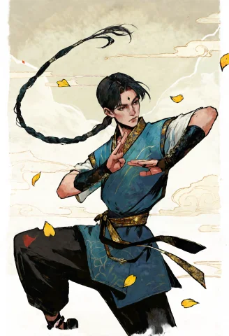 Masterpiece Kung Fu Floating Pose — Stable Diffusion AI Prompt: masterpiece, best quality, score_9, score_8, score_7, , , 1boy, pale, black hair...