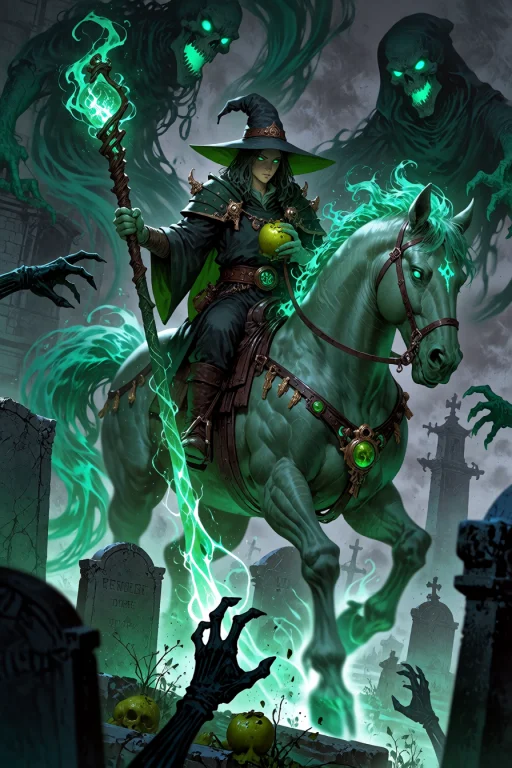 , Wizard Riding A Spectral Horse Through A Haunted Graveyard...