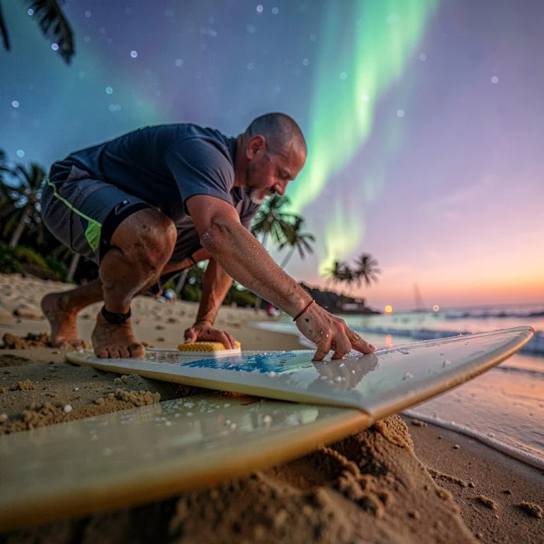 A Surfer Waxing A Board At Dawn On The Sand, Aurora Glow, Ma...