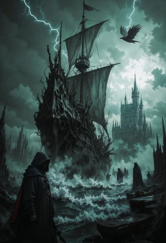 A Digital Fantasy Artwork Depicting A Dramatic, Dark, And St... — FLUX AI Prompt: a digital fantasy artwork depicting a dramatic, dark, and stormy seascape. The c...