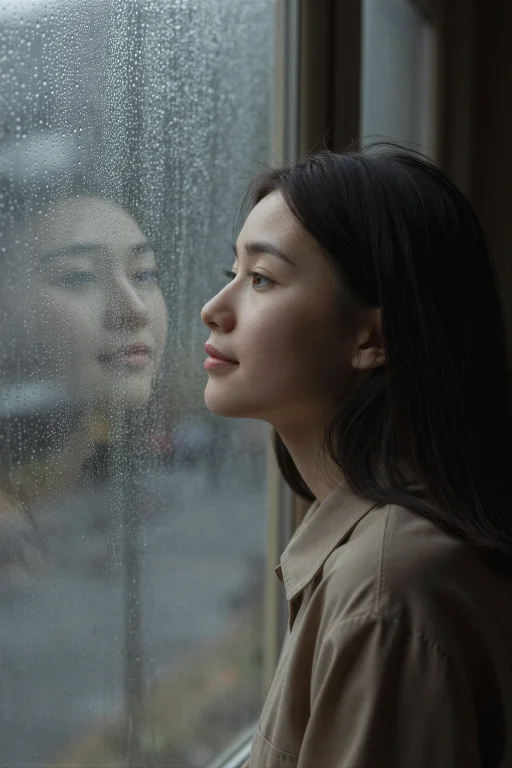 A Woman Gazes Out A Rainy Window Lost In Thought, A Faint Wi...