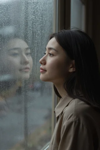 A Woman Gazes Out A Rainy Window Lost In Thought, A Faint Wi... — Stable Diffusion AI Prompt: A woman gazes out a rainy window lost in thought, a faint wistful smile, soft gr...