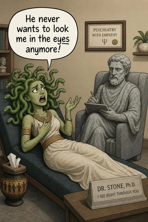 Draw Me A Funny Single Panel Funny Image Of A Medusa Laying...