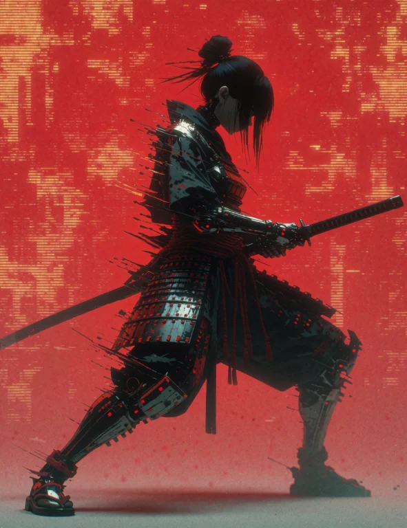 A Cinematic Full-shot Of A Stiking Cyberpunk Anime Samurai F...