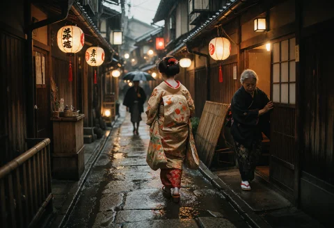 Kyoto, Japan, 1882 A Narrow Alley In The Gion District Glow... — Stable Diffusion AI Prompt: Kyoto, Japan, 1882 – A narrow alley in the Gion district glows beneath the last...